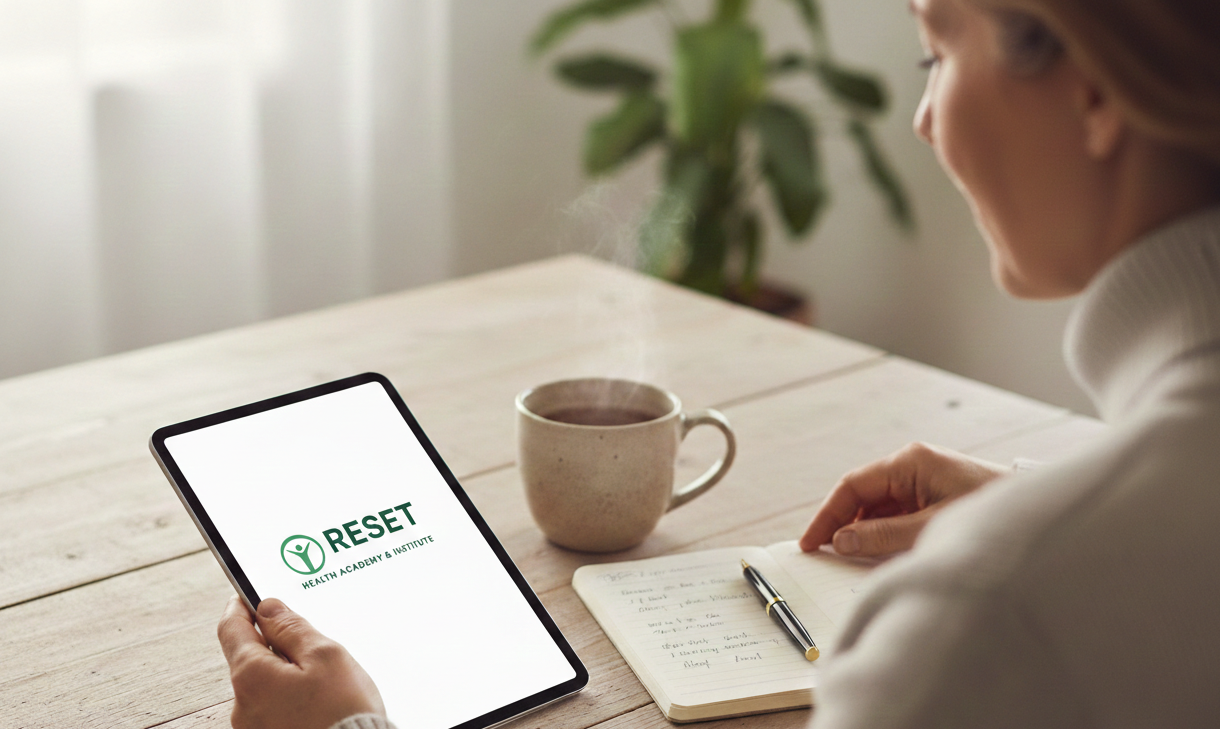 Frau nimmt entspannt von zu Hause an einem Online-Seminar teil